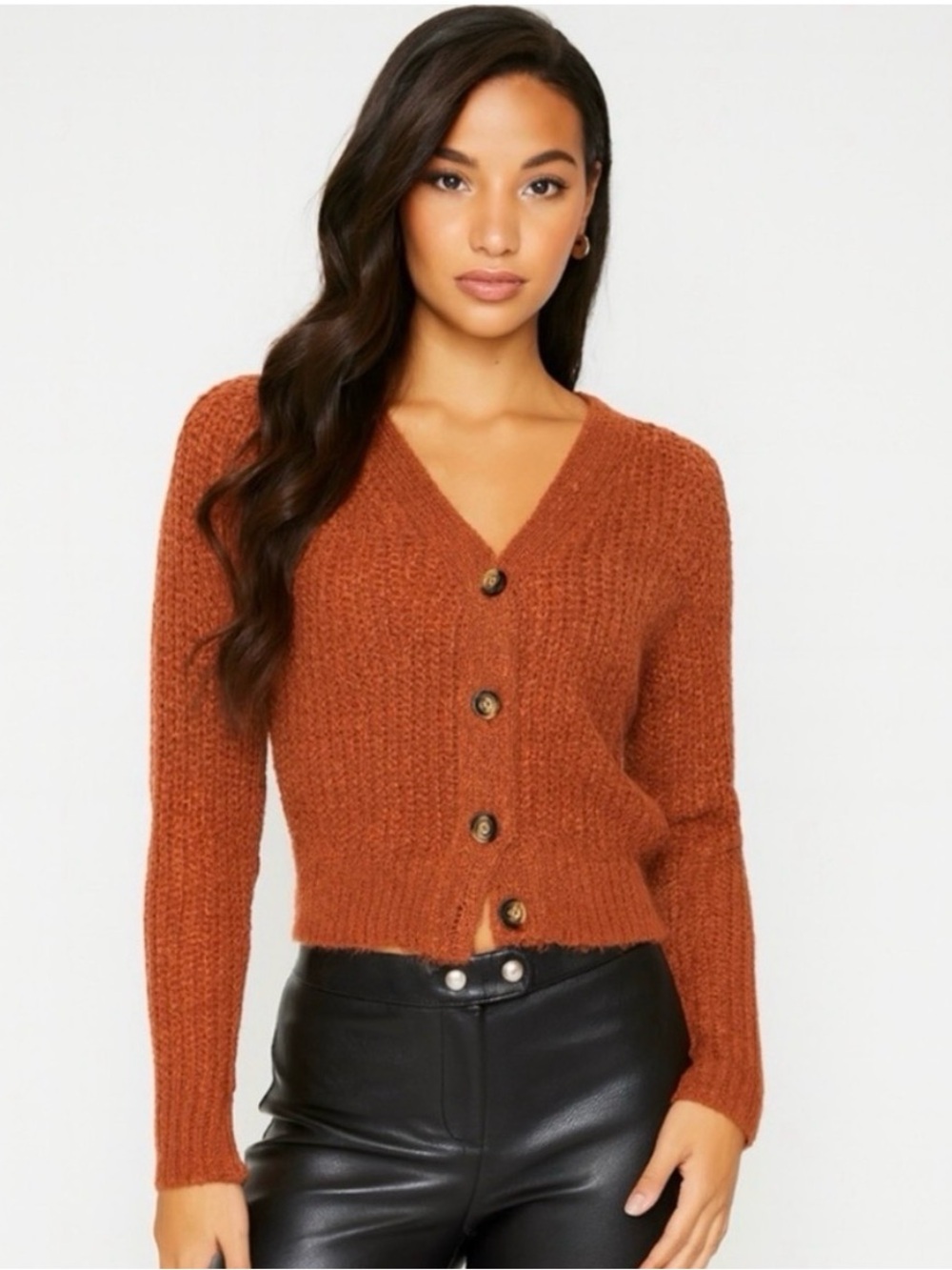 Anthropologie Moon & Madison Women's Cropped Knit Cardigan Sweater Rust M Button